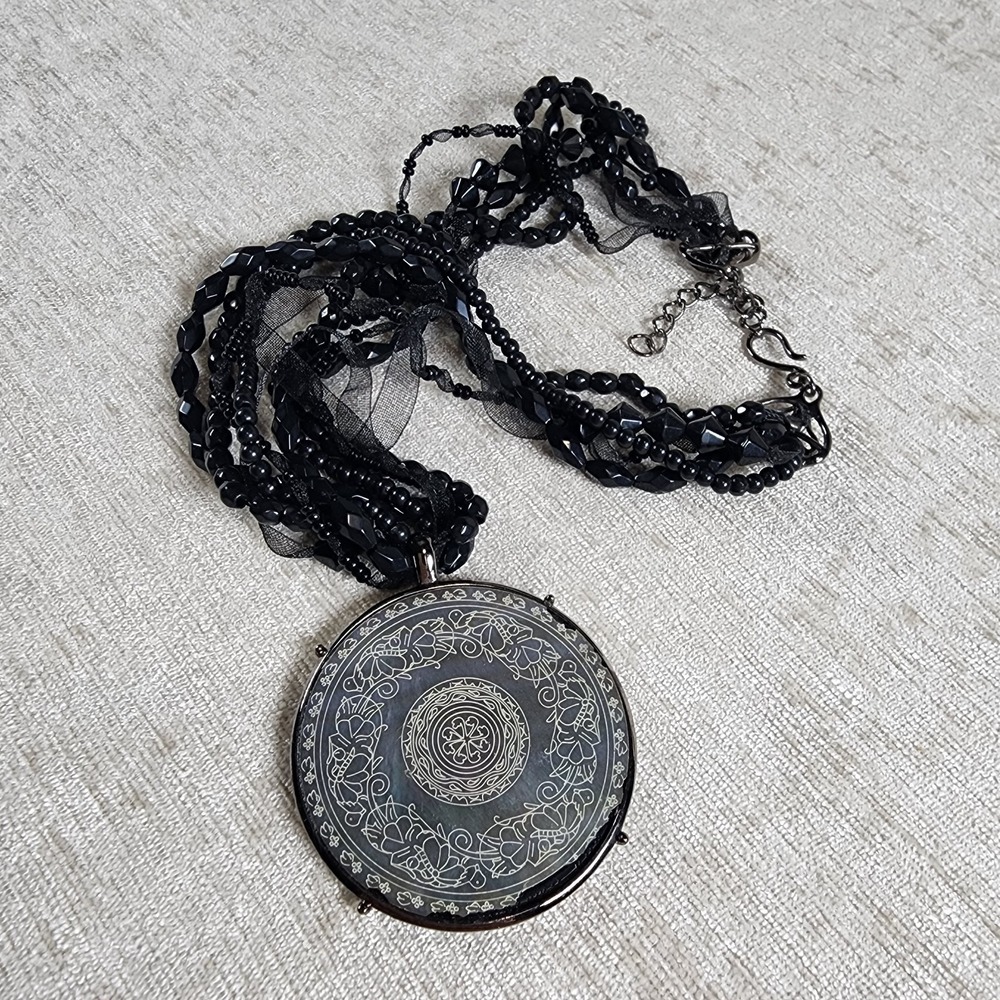 Abalone Etched Pendant Necklace Beaded Ribbon Choker 14" Boho Dark Romantic